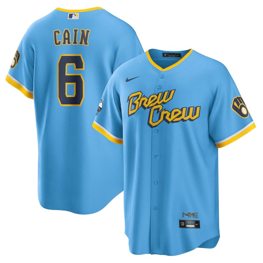 Custom Men Milwaukee Brewers 6 Lorenzo Cain Nike Powder Blue 2022 City Connect Replica Player MLB Jersey